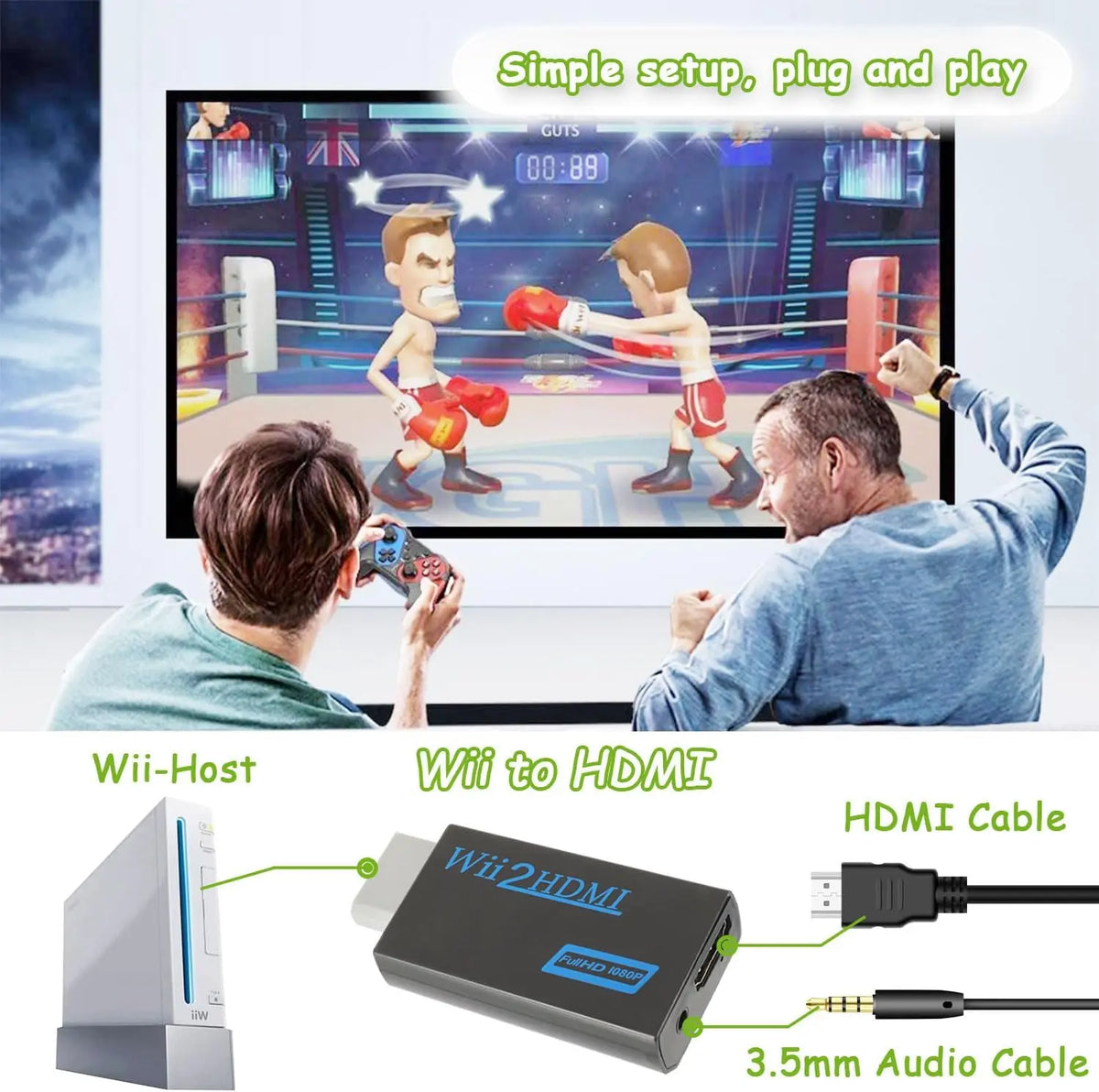 High Definition TV Wii HDMI Adapter, Compatible With Monitors and Projectors, Supports NTSC/PAL 480i/480p/576i/720p/1080p