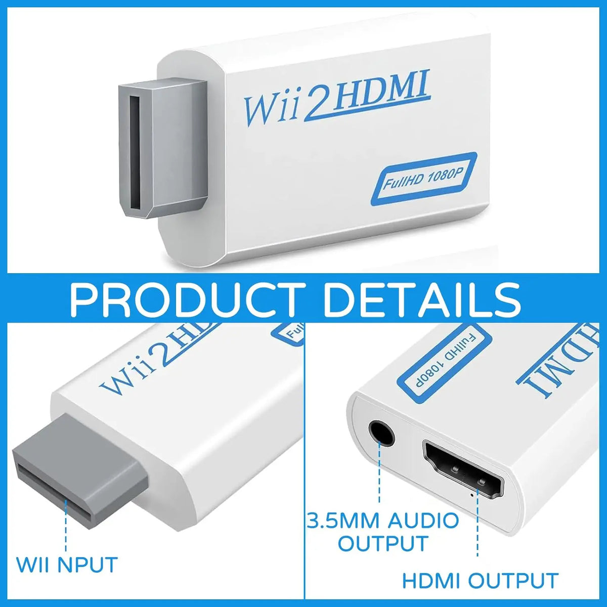 High Definition TV Wii HDMI Adapter, Compatible With Monitors and Projectors, Supports NTSC/PAL 480i/480p/576i/720p/1080p